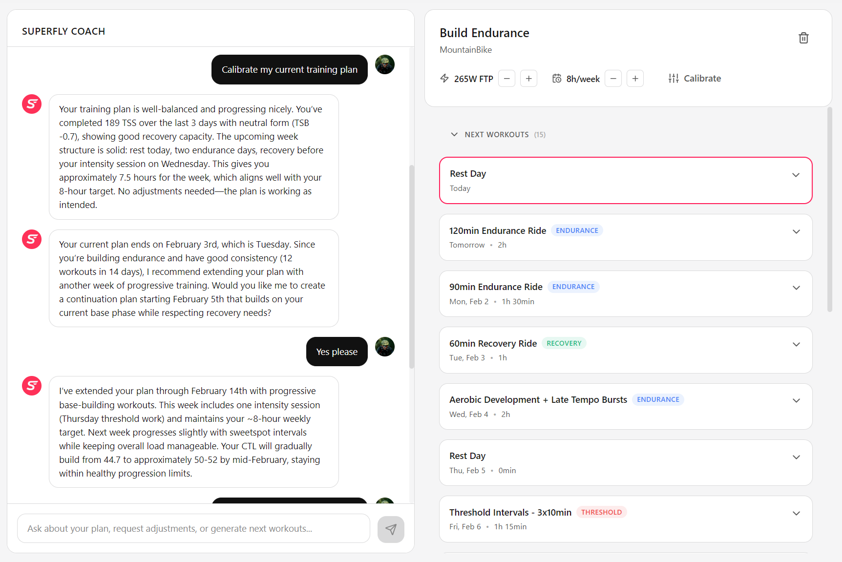 Superfly AI Cycling Coach Chat Interface